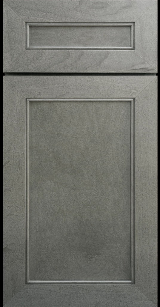 Alpine-style mitered shaker cabinet in Oyster Stain with a flat center panel & inside bead detail.